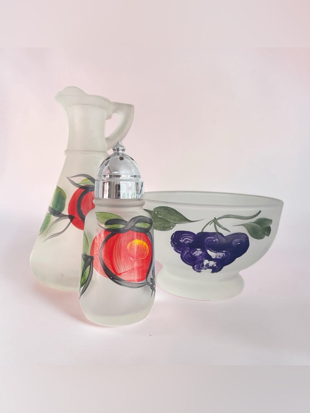 3 pieces of Hazel Atlas “the orchard “ frosted glass,salt shaker,cruet and bowl